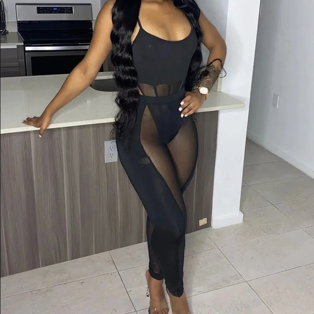 Solid Mesh See-through Bodysuit With Pants Set